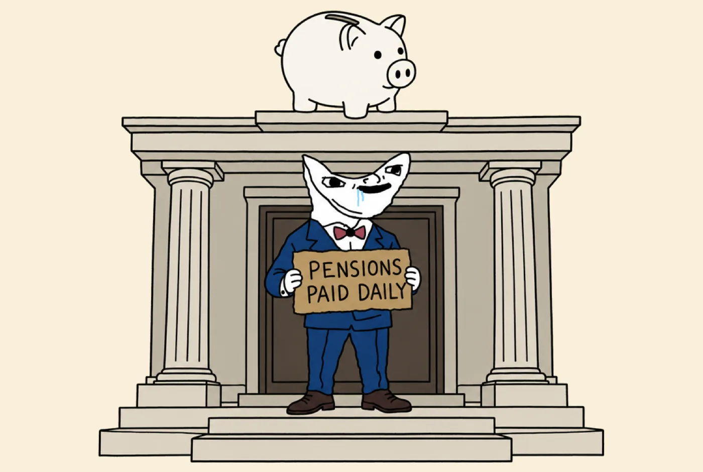 A small neoclassical bank with a piggy bank statue on the roof; the Advisor holds a sign that reads Pensions paid daily