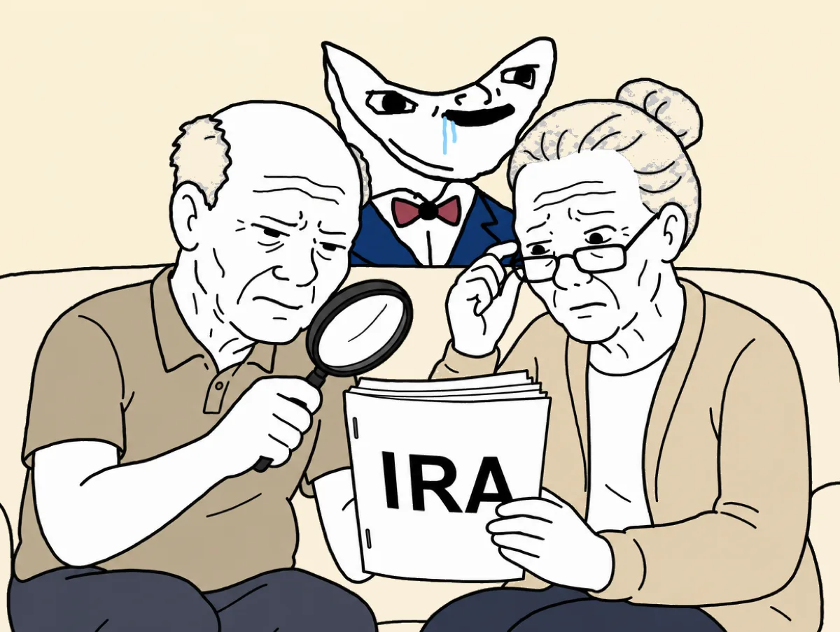 An elderly Wojak couple reads a document titled IRA through a magnifying glass while the Advisor peeks over the sofa