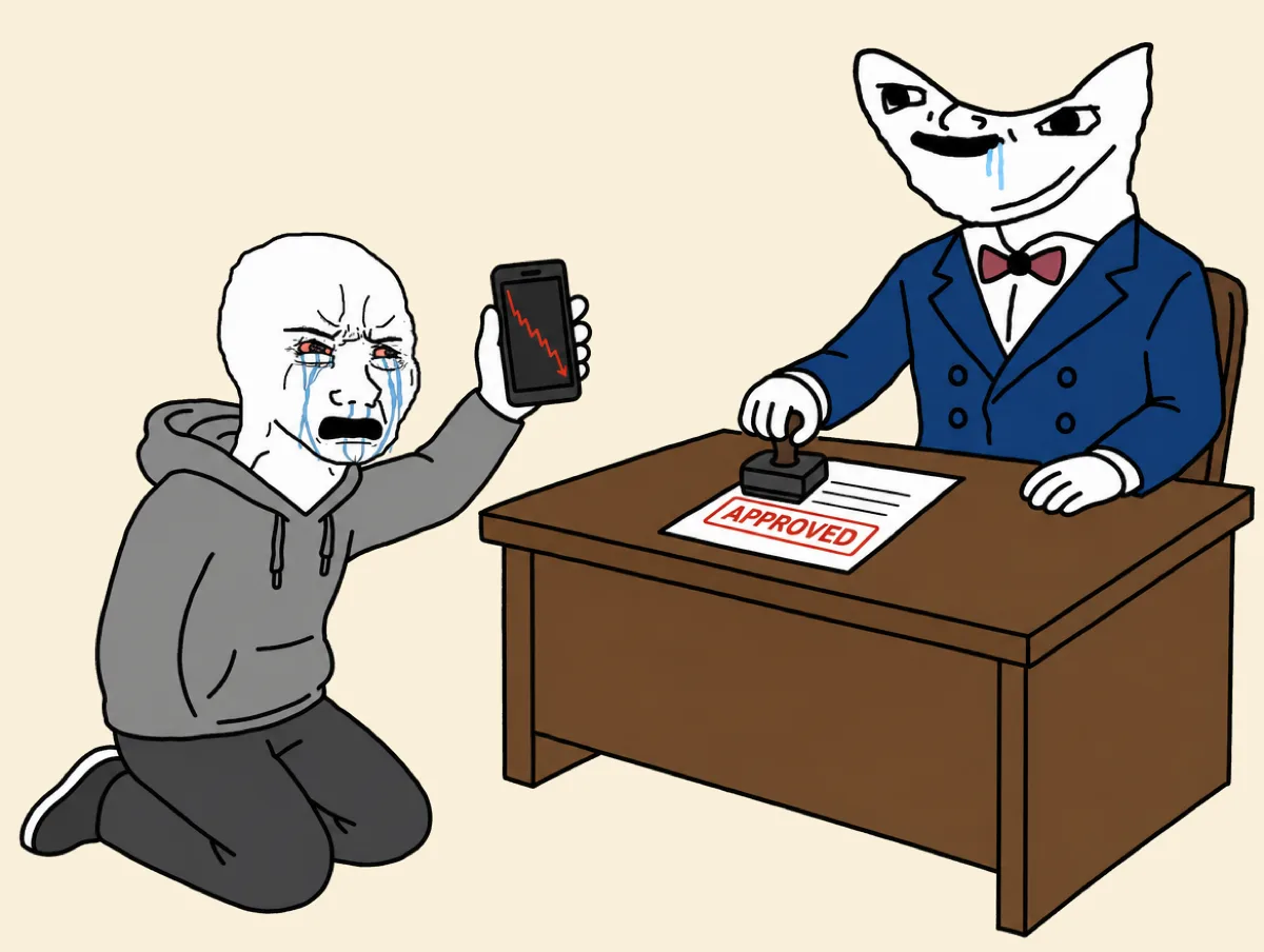 A crying Wojak kneels at the Advisor's desk holding up a phone with a crashing chart while the Advisor stamps a form Approved