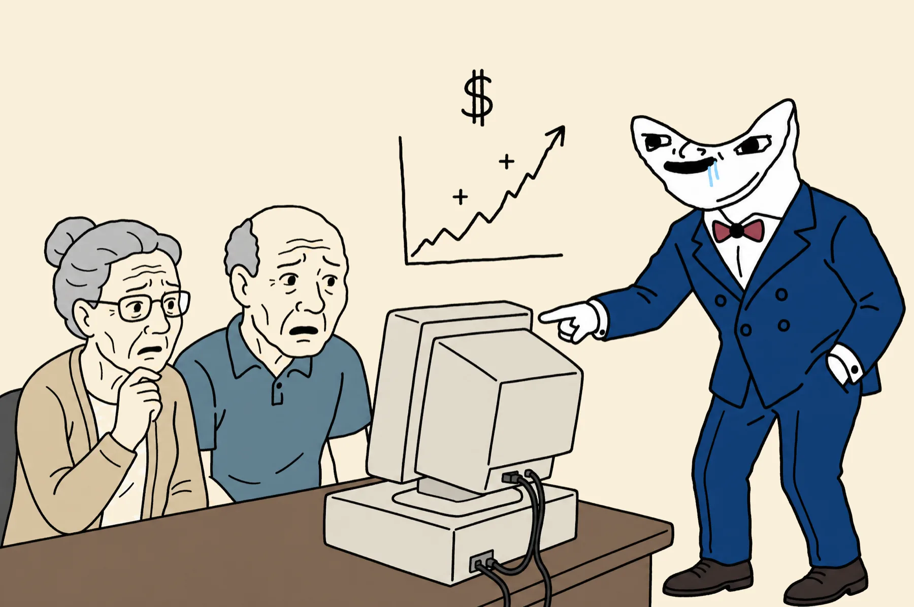 The Advisor, a smug Wojak in a navy suit and red bow tie, points at a rising chart while a confused elderly Wojak couple stares at an old computer