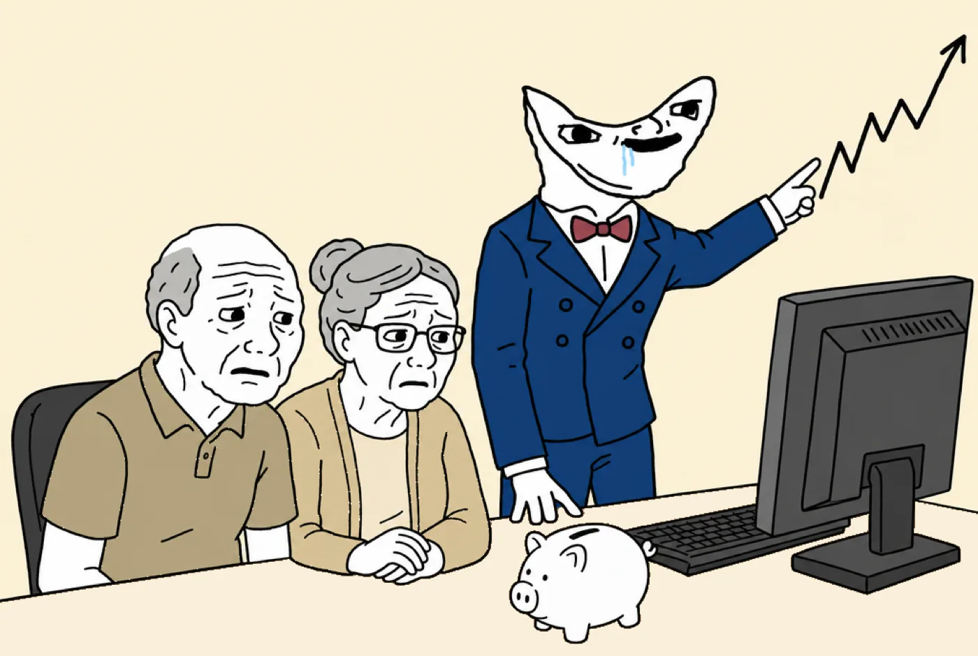 The Advisor points at a rising chart on the wall while an elderly Wojak couple looks worried at an old computer with a piggy bank on the desk