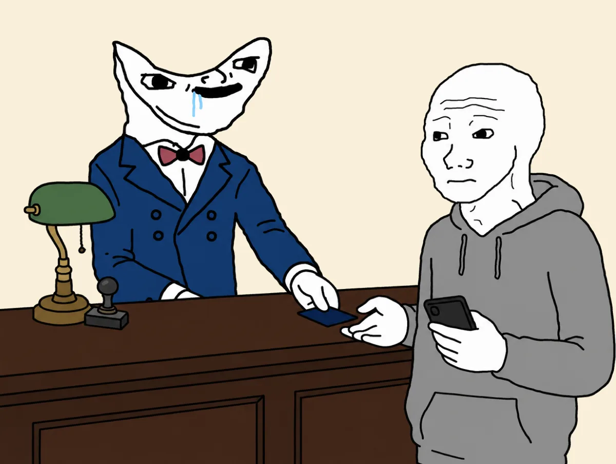 The Advisor slides a Pension Card across a bank counter to a young Wojak in a hoodie