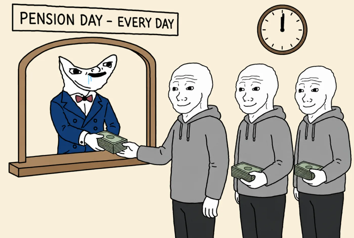 A teller window with a sign Pension Day, every day: the Advisor hands stacks of cash to a queue of calm Wojaks under a clock showing 12:00