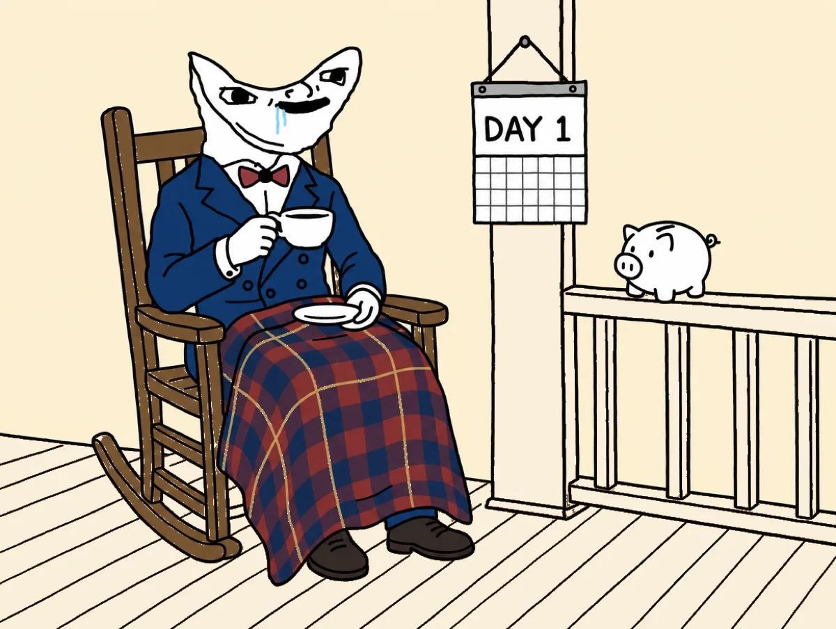 The Advisor sits in a rocking chair on a porch with a blanket and a cup of tea beside a calendar that reads Day 1
