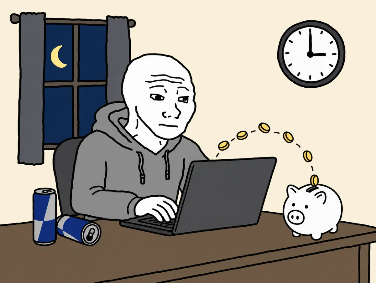 A young Wojak trades on a laptop at 3 a.m. while coins fly from the screen into a piggy bank