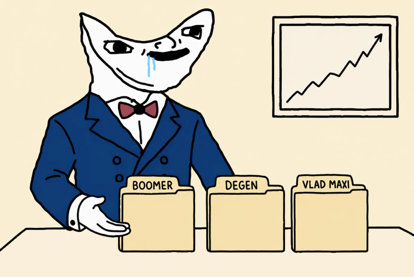 The Advisor at a desk presenting three folders labeled Boomer, Degen and Vlad Maxi